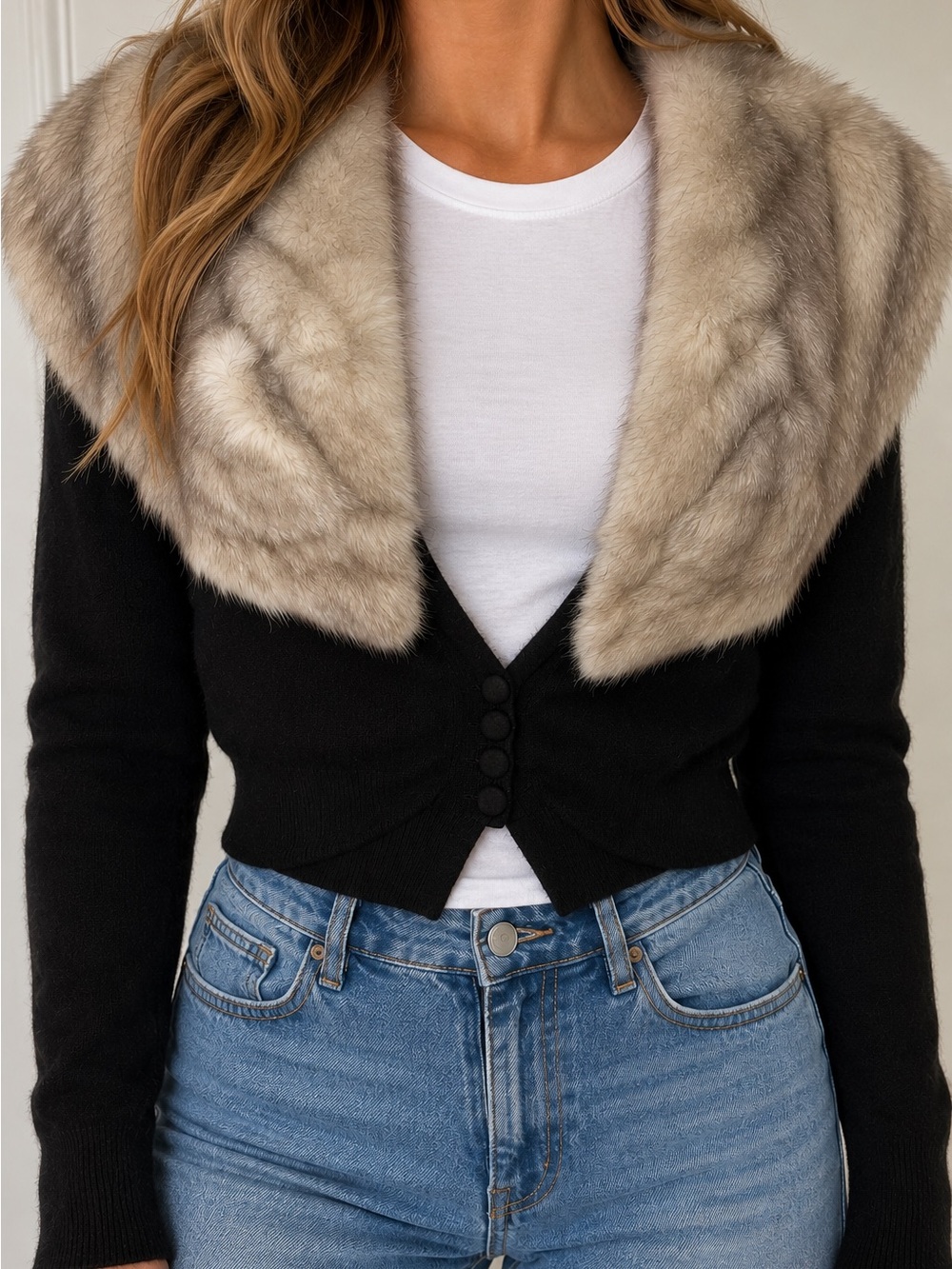Vintage Bernhard Altmann 100% Cashmere Cardigan Genuine Fur Collar Black